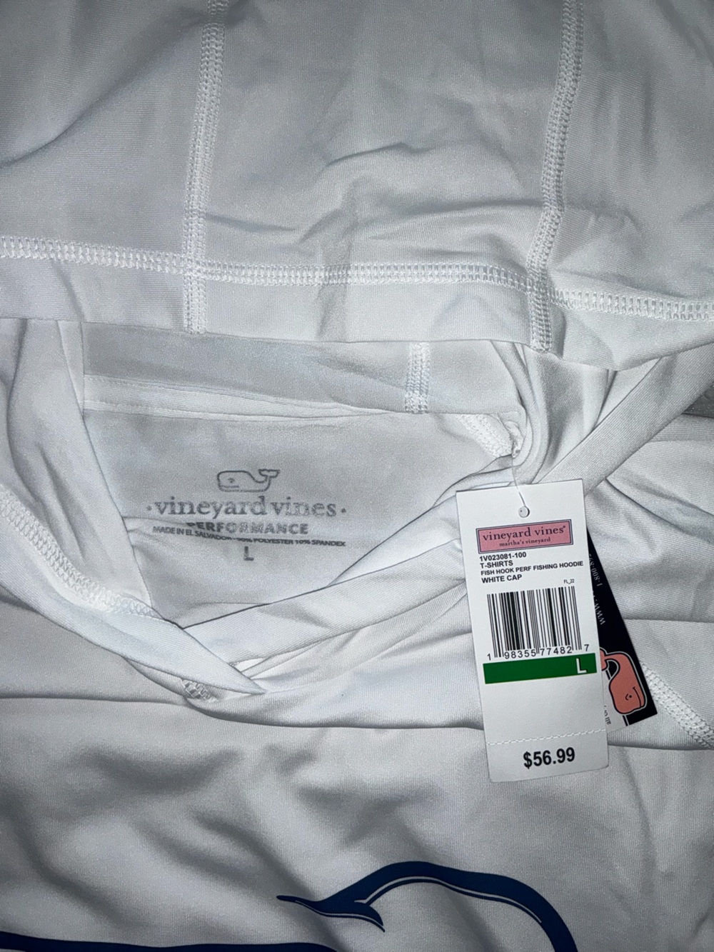 Vineyard Vines White Performance Fishing Hoodie with Blue Whale Accent